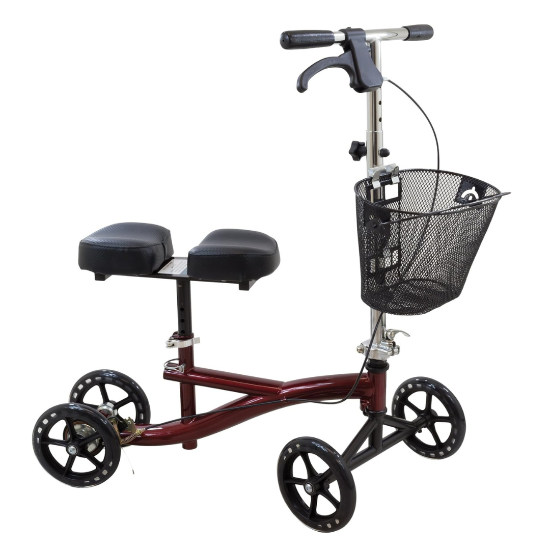 The Roscoe Portable Lightweight Rolling Knee Walker is a maroon and black mobility aid with four wheels, secure handlebars with brakes, a padded knee rest, and a black wire basket attached to the front.